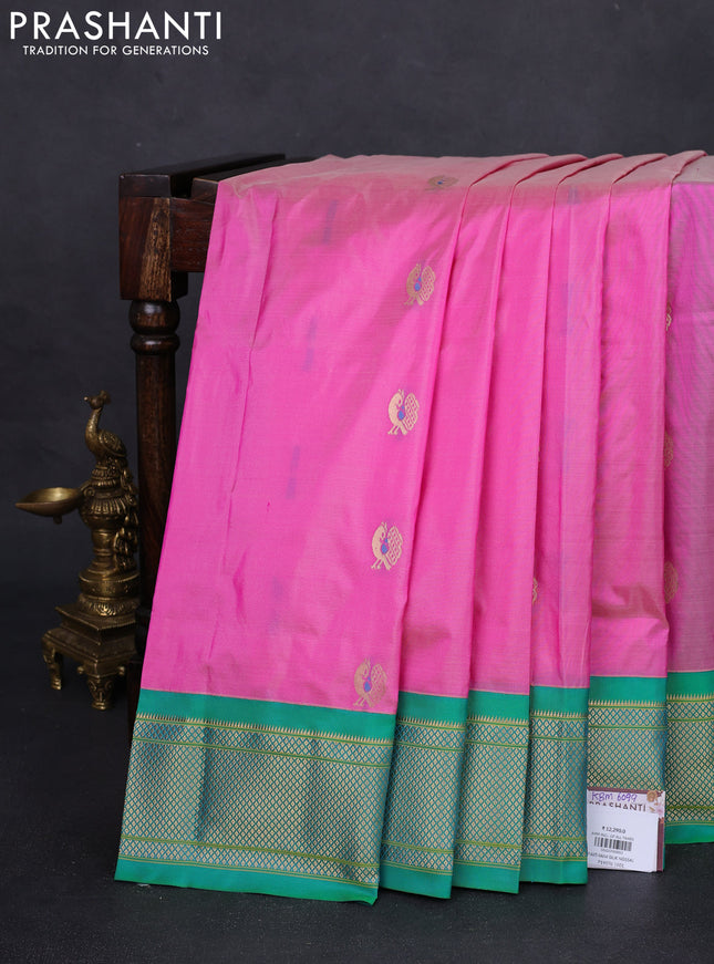 Pure paithani silk saree pink and teal green with annam zari woven buttas and zari woven korvai border