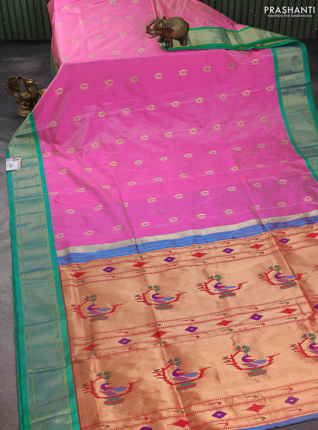Pure paithani silk saree pink and teal green with annam zari woven buttas and zari woven korvai border