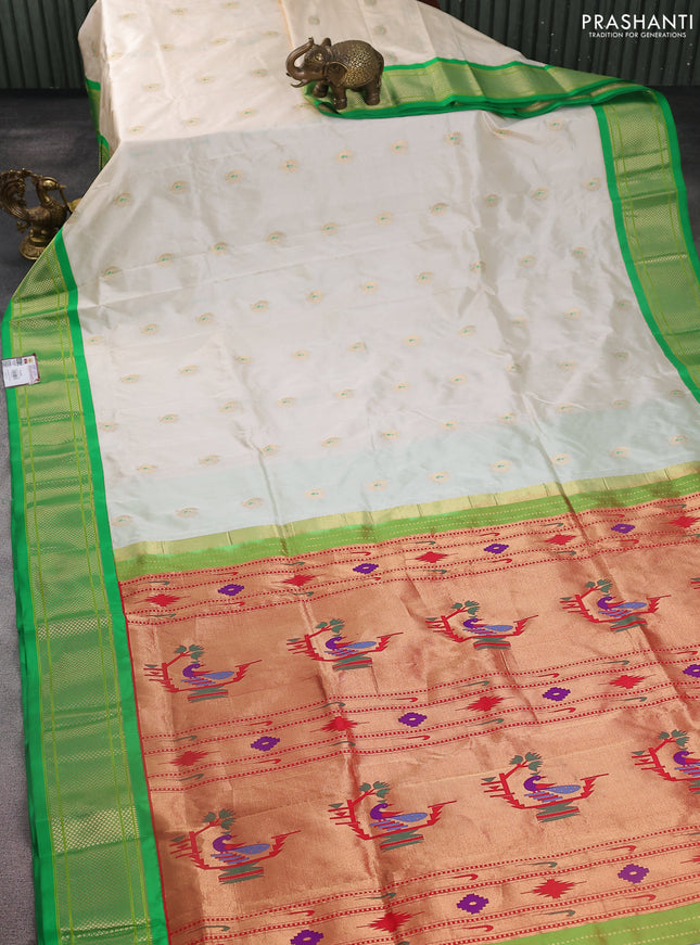 Pure paithani silk saree off white and green with annam zari woven buttas and zari woven korvai border