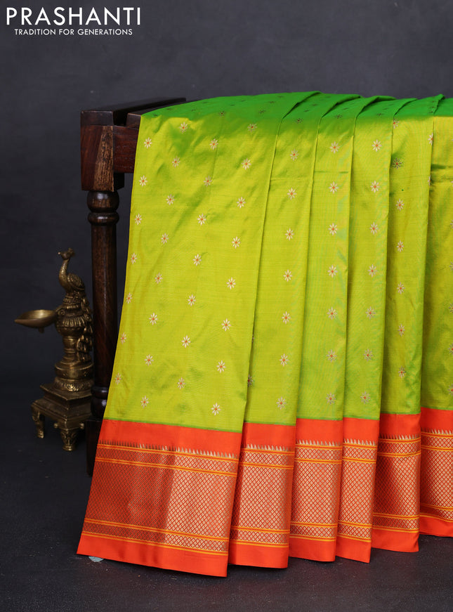 Pure paithani silk saree fluorescent green and orange with zari woven buttas and zari woven korvai border
