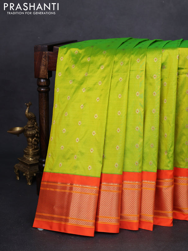 Pure paithani silk saree fluorescent green and orange with zari woven buttas and zari woven korvai border