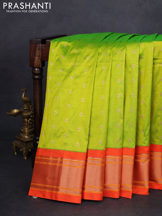 Pure paithani silk saree fluorescent green and orange with zari woven buttas and zari woven korvai border
