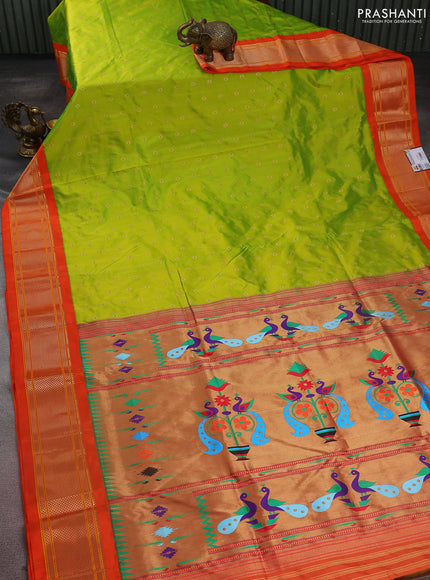 Pure paithani silk saree fluorescent green and orange with zari woven buttas and zari woven korvai border