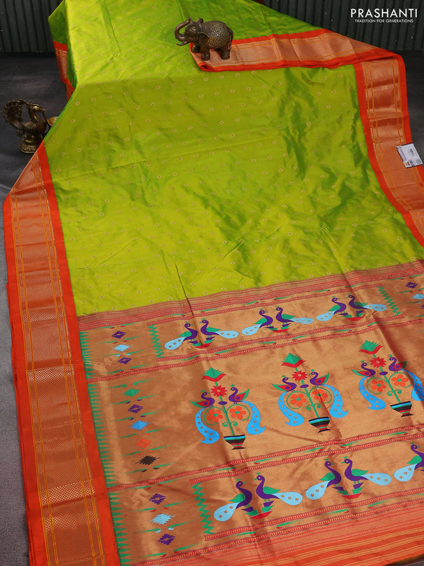Pure paithani silk saree fluorescent green and orange with zari woven buttas and zari woven korvai border