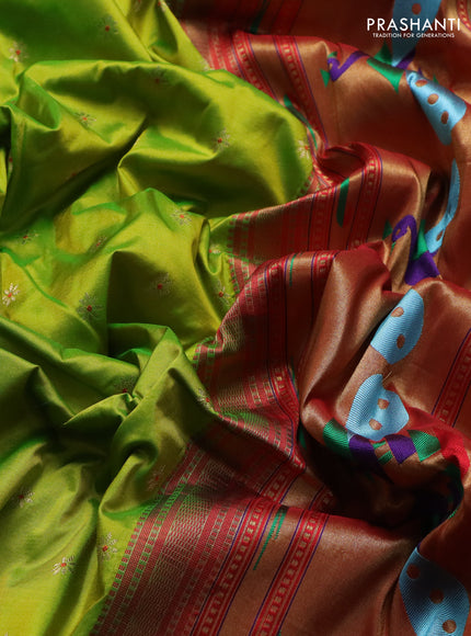 Pure paithani silk saree fluorescent green and orange with zari woven buttas and zari woven korvai border