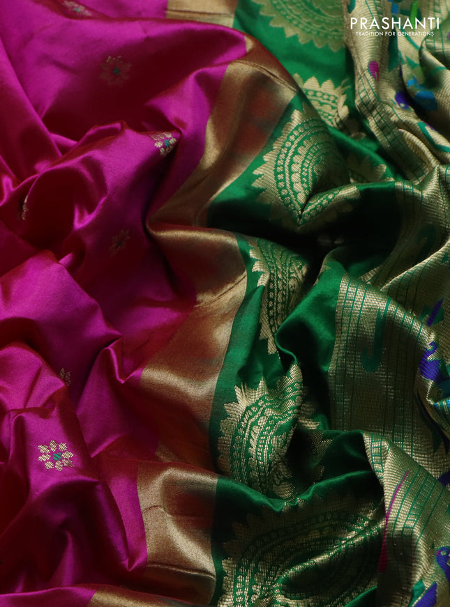 Pure paithani silk saree candy pink and green with zari woven buttas and zari woven korvai border
