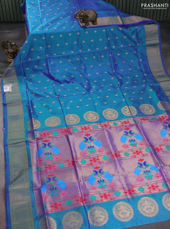 Pure paithani silk saree dual shade of teal green with zari woven buttas and zari woven border