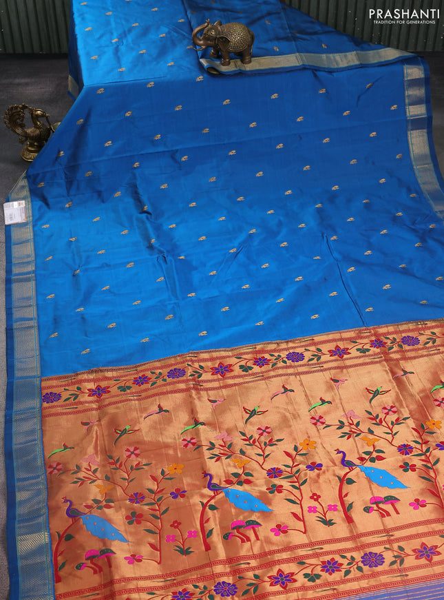 Pure paithani silk saree cs blue with annam zari woven buttas and zari woven border