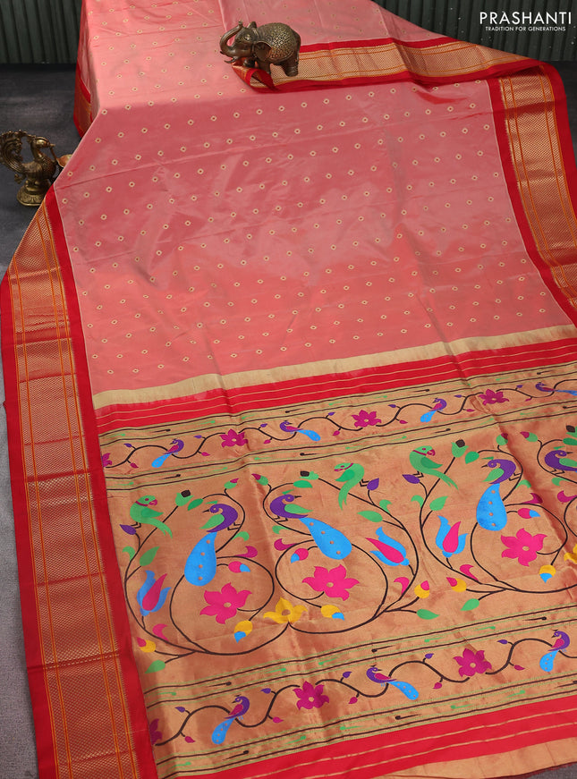 Pure paithani silk saree red shade with zari woven buttas and zari woven korvai border