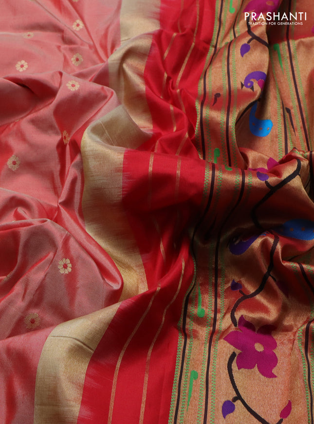 Pure paithani silk saree red shade with zari woven buttas and zari woven korvai border