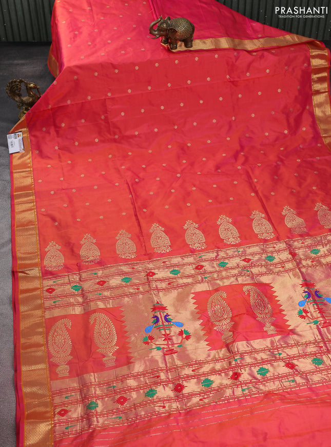 Pure paithani silk saree dual shade of pinkish orange with zari woven buttas and zari woven border