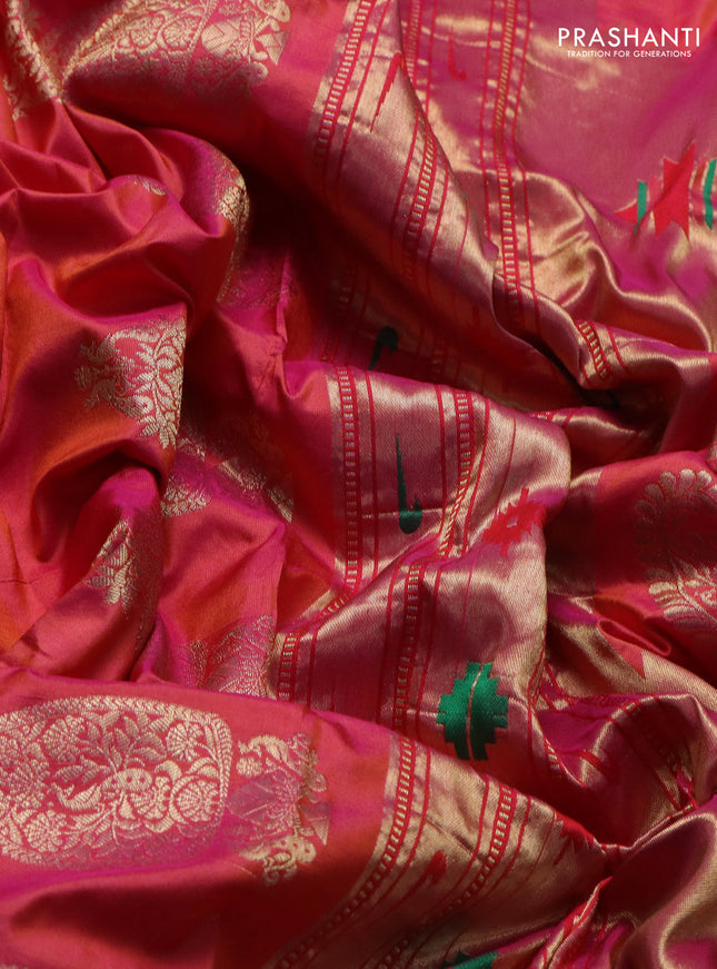 Pure paithani silk saree dual shade of pinkish orange with zari woven buttas and zari woven border