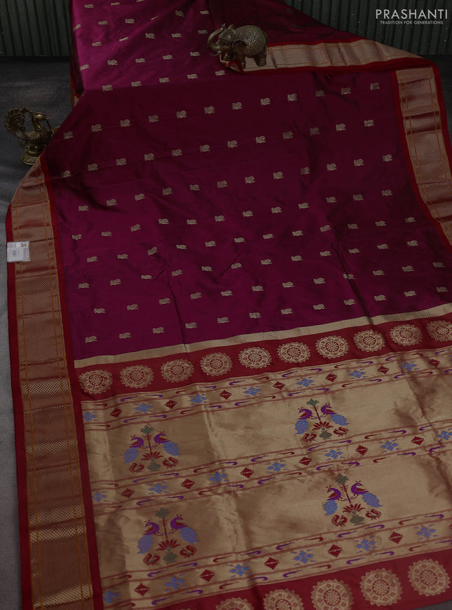 Pure paithani silk saree dark magenta pink and red with annam zari woven buttas and zari woven korvai border