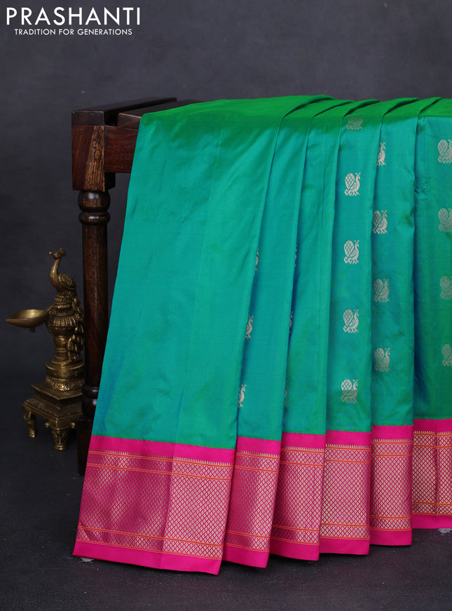 Pure paithani silk saree dual shade of teal green and pink with annam zari woven buttas and zari woven korvai border