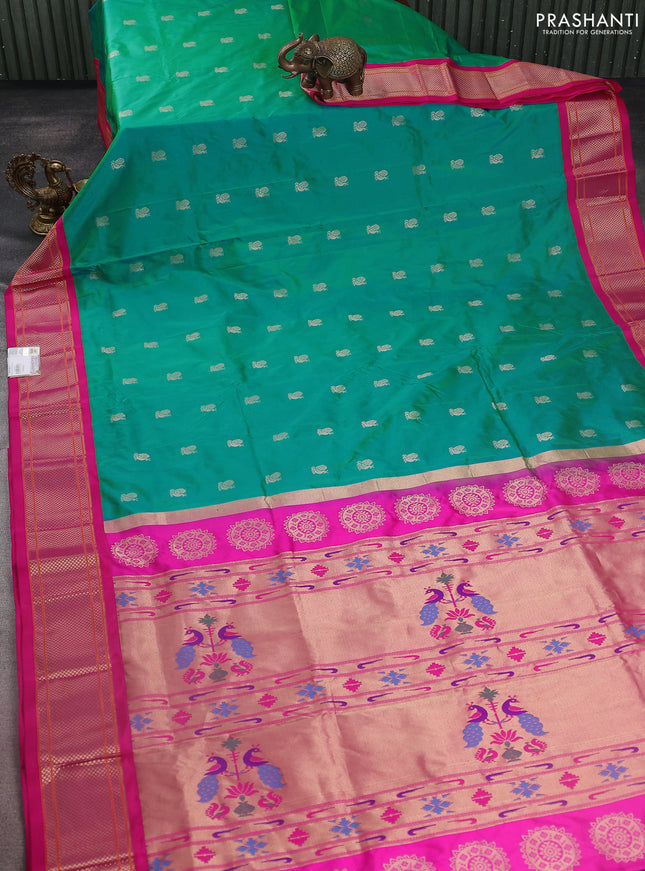 Pure paithani silk saree dual shade of teal green and pink with annam zari woven buttas and zari woven korvai border