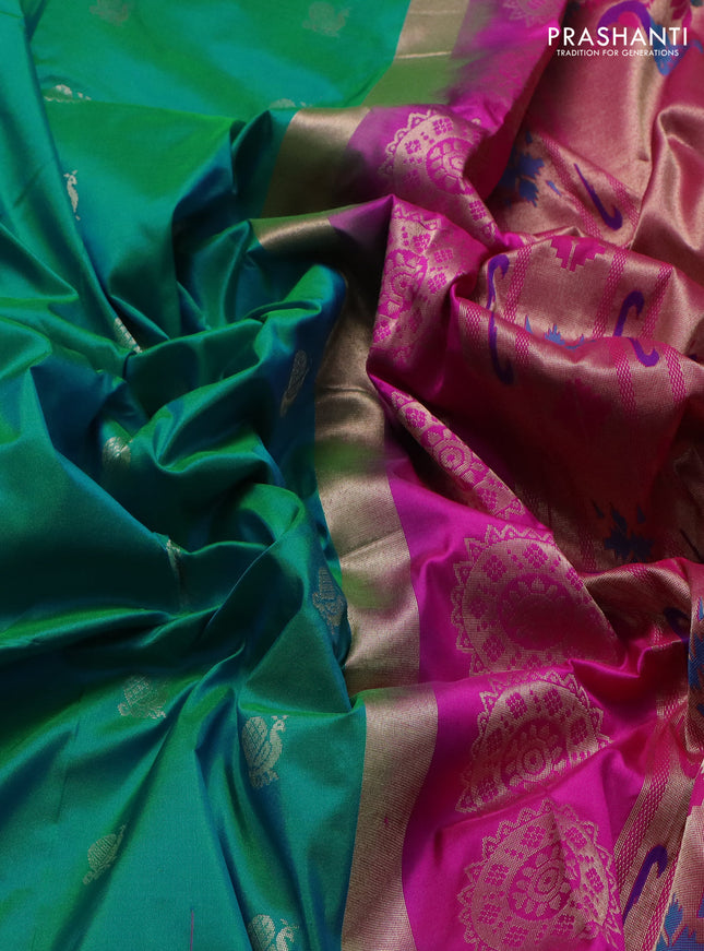 Pure paithani silk saree dual shade of teal green and pink with annam zari woven buttas and zari woven korvai border