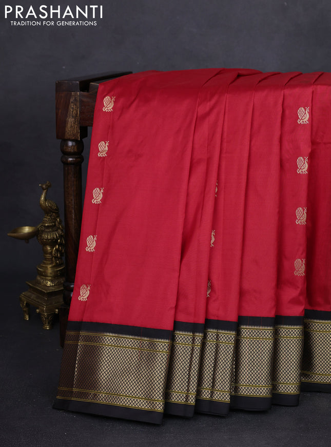 Pure paithani silk saree red and black with annam zari woven buttas and zari woven korvai border