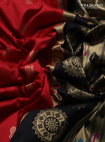 Pure paithani silk saree red and black with annam zari woven buttas and zari woven korvai border