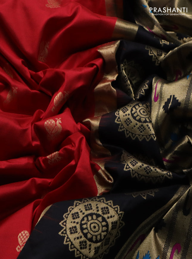 Pure paithani silk saree red and black with annam zari woven buttas and zari woven korvai border