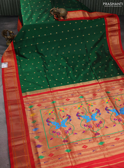 Pure paithani silk saree green and red with zari woven buttas and zari woven korvai border