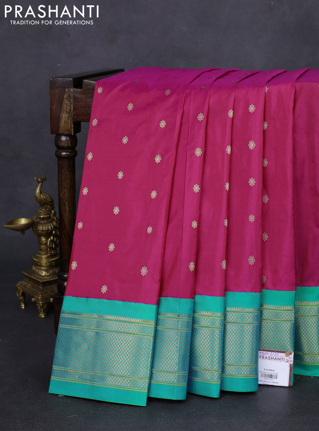 Pure paithani silk saree pink and teal green with zari woven buttas and zari woven korvai border
