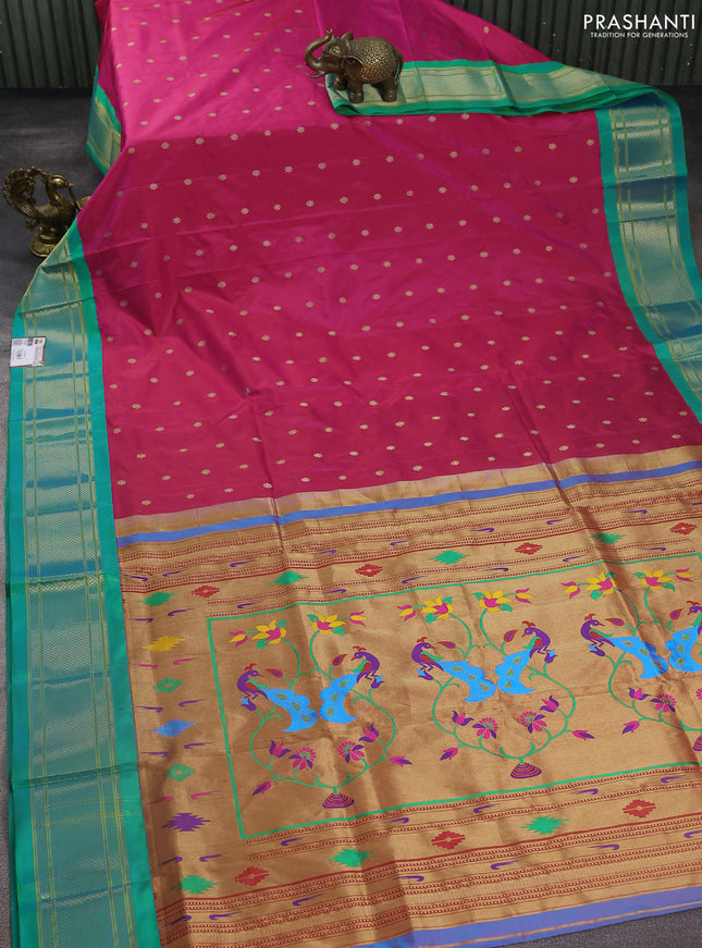 Pure paithani silk saree pink and teal green with zari woven buttas and zari woven korvai border