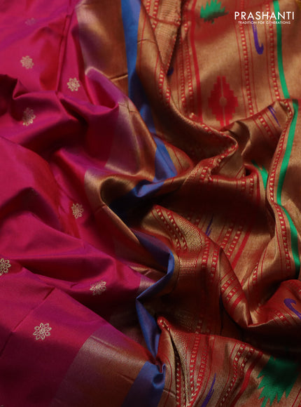 Pure paithani silk saree pink and teal green with zari woven buttas and zari woven korvai border