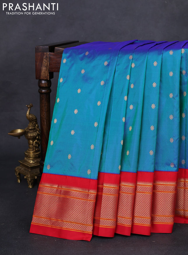 Pure paithani silk saree peacock green and red with zari woven buttas and zari woven korvai border