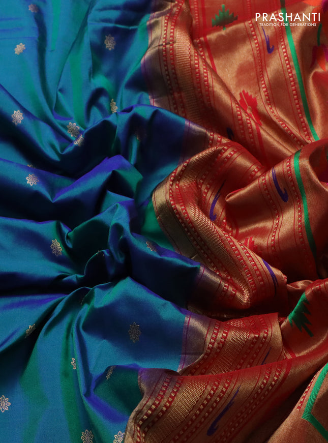Pure paithani silk saree peacock green and red with zari woven buttas and zari woven korvai border