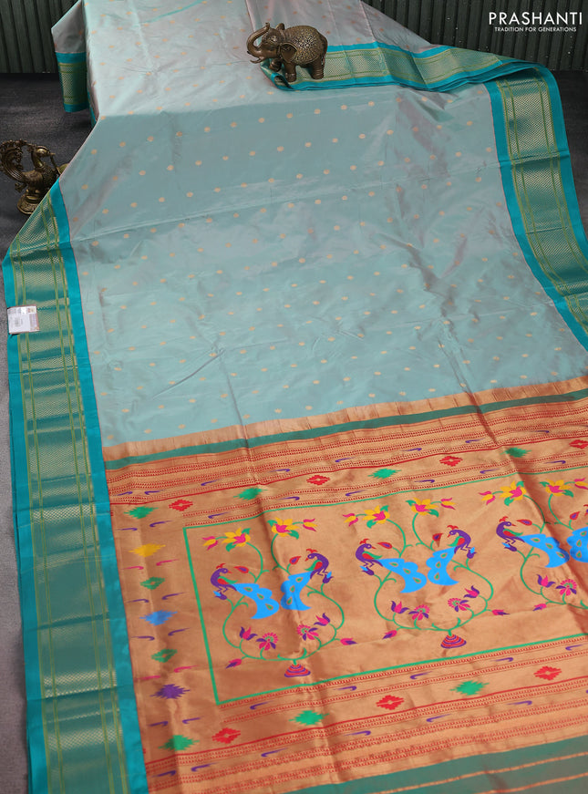 Pure paithani silk saree dual shade of greyish green and teal green with zari woven buttas and zari woven korvai border