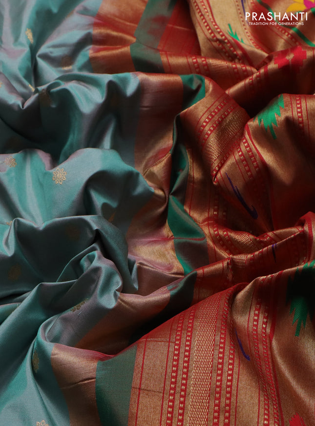 Pure paithani silk saree dual shade of greyish green and teal green with zari woven buttas and zari woven korvai border