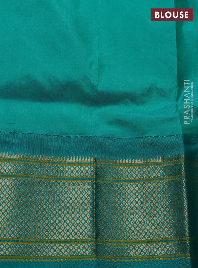 Pure paithani silk saree dual shade of greyish green and teal green with zari woven buttas and zari woven korvai border