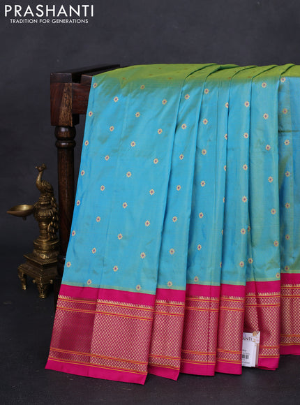 Pure paithani silk saree dual shade of teal blue and pink with zari woven buttas and zari woven korvai border