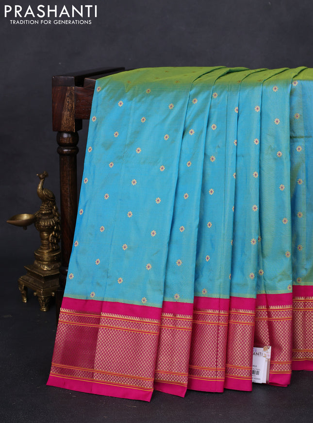 Pure paithani silk saree dual shade of teal blue and pink with zari woven buttas and zari woven korvai border