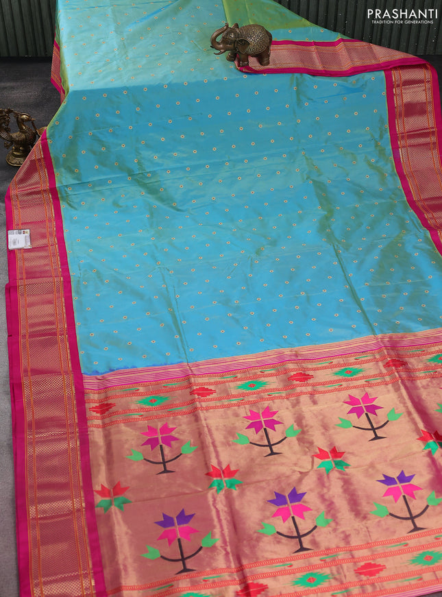 Pure paithani silk saree dual shade of teal blue and pink with zari woven buttas and zari woven korvai border