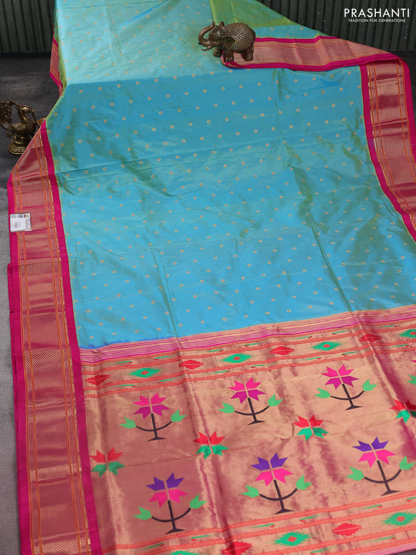 Pure paithani silk saree dual shade of teal blue and pink with zari woven buttas and zari woven korvai border