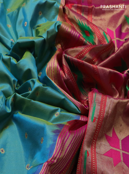 Pure paithani silk saree dual shade of teal blue and pink with zari woven buttas and zari woven korvai border