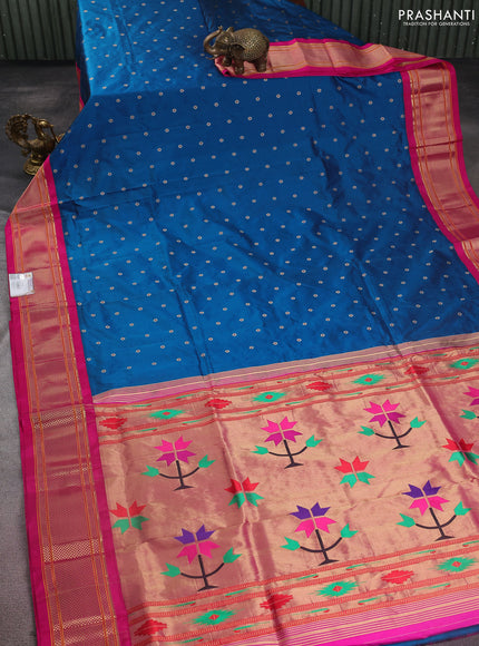 Pure paithani silk saree cs blue and red with zari woven buttas and zari woven korvai border