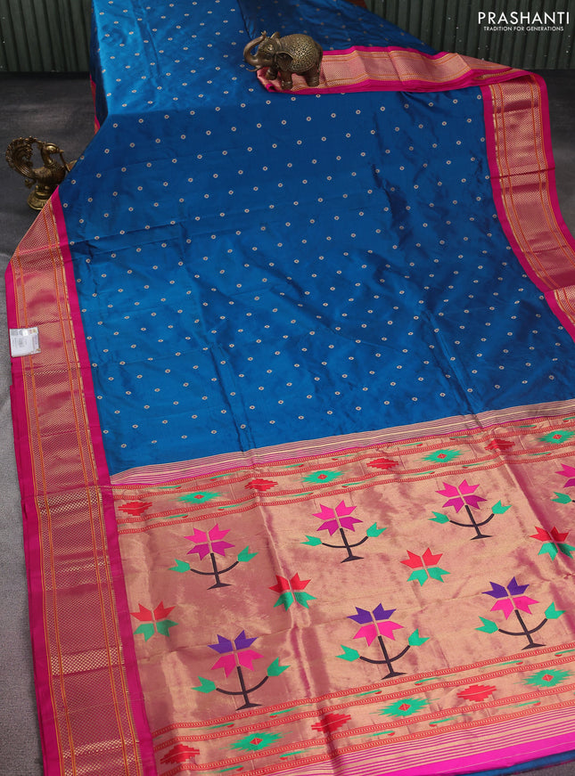 Pure paithani silk saree cs blue and red with zari woven buttas and zari woven korvai border
