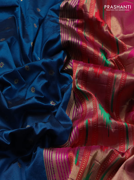 Pure paithani silk saree cs blue and red with zari woven buttas and zari woven korvai border