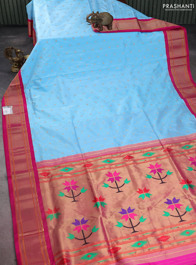Pure paithani silk saree light blue and pink with zari woven buttas and zari woven korvai border