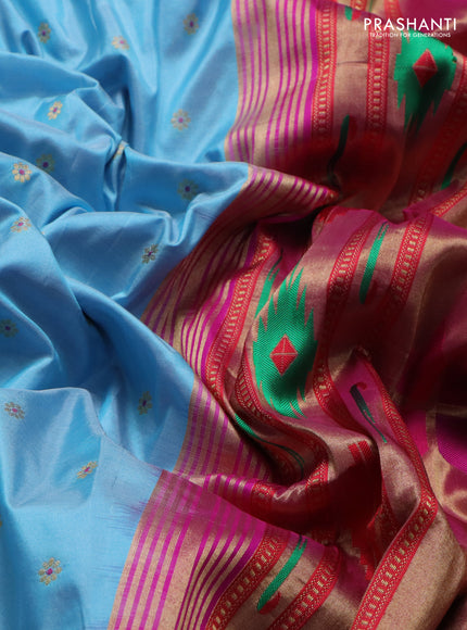 Pure paithani silk saree light blue and pink with zari woven buttas and zari woven korvai border