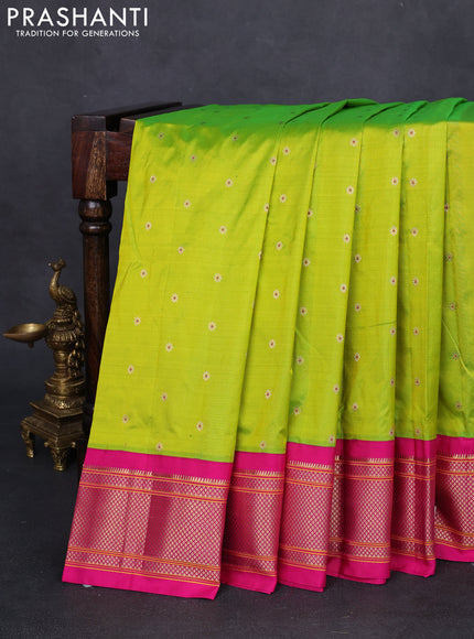 Pure paithani silk saree fluorescent green and pink with zari woven buttas and zari woven korvai border