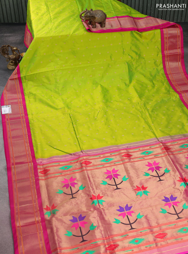Pure paithani silk saree fluorescent green and pink with zari woven buttas and zari woven korvai border