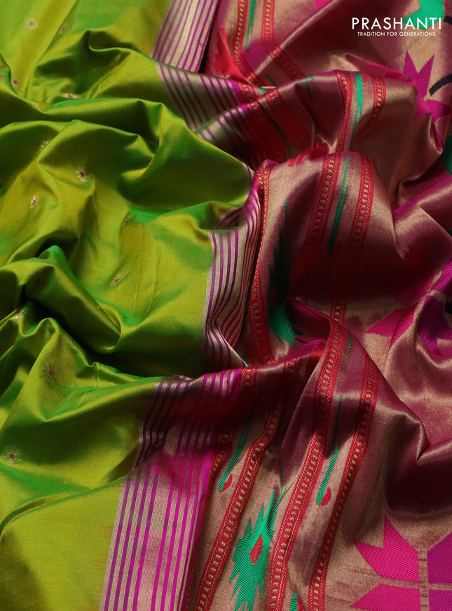 Pure paithani silk saree fluorescent green and pink with zari woven buttas and zari woven korvai border