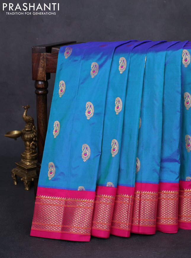 Pure paithani silk saree peacock blue and pink with paisley zari woven buttas and zari woven korvai border