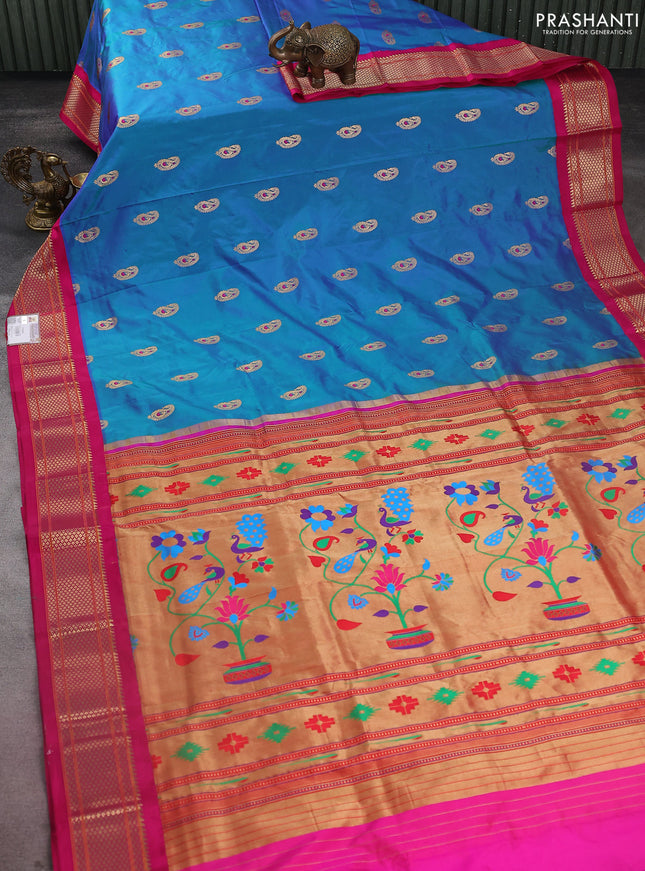 Pure paithani silk saree peacock blue and pink with paisley zari woven buttas and zari woven korvai border