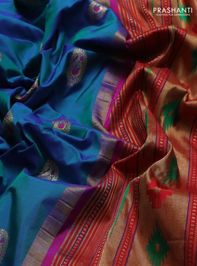 Pure paithani silk saree peacock blue and pink with paisley zari woven buttas and zari woven korvai border