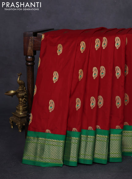 Pure paithani silk saree red and green with paisley zari woven buttas and zari woven korvai border