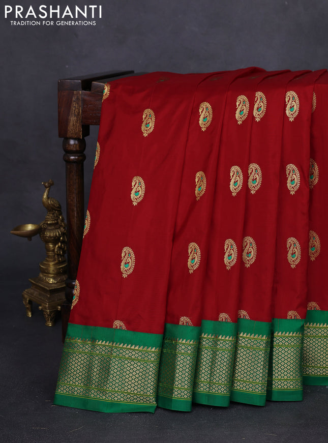 Pure paithani silk saree red and green with paisley zari woven buttas and zari woven korvai border